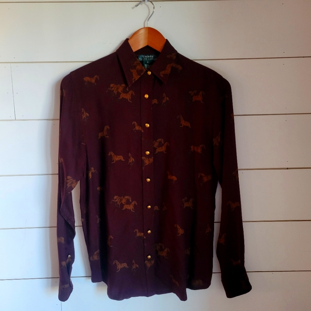 Gorgeous Ralph Lauren Wool Blend Equestrian Horse Print Button Down Small
